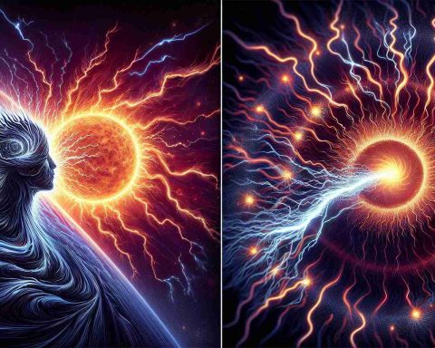 Illustrate a high-definition, realistic interpretation of an electric shockwave propagating through a solar sector. These are not real locations or events, but rather abstract concepts. To depict the latter part of this request, visualize a symbolic representation of energy, personified as an entity, faced with an unexpected downgrade. The downgrade can be represented by decreasing light or diminishing energy sparks around the entity. The two themes should blend seamlessly into one composition.