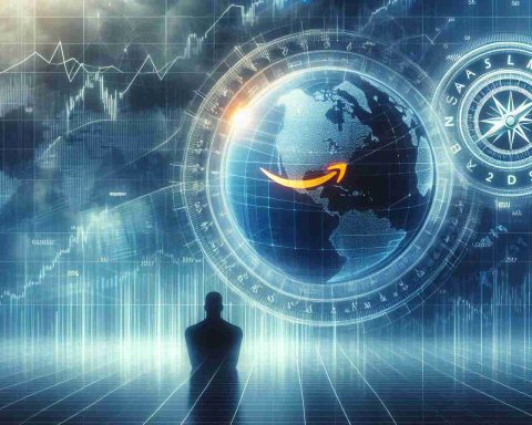 A high-definition realistic graphic representation of the concept 'Amazon Bourse: The Next Frontier for Investors'. The image captures the abstract idea of stock market investment and the exploration of digital finance, subtly reflecting the potential impact of Amazon on these sectors. The picture could include symbolic elements such as graphs, stock market tickers, compass pointing towards future, and a silhouette of a person pondering investment strategies.