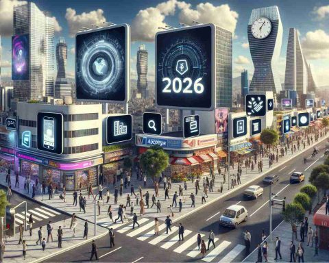 A high-definition, photorealistic image showing the transformation of Mexico's financial landscape through the impact of a significant fintech company by 2026. This can be depicted as a bustling cityscape with numerous digital billboards advertising advanced financial tech solutions, people engaging with user-friendly apps on their mobile devices, local shopkeepers accepting digital payments, and tech-infused banks and financial institutions. A calendar or digital clock illustrating the year 2026 to emphasize the time frame.