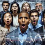 A high-definition, realistic image of a diverse group of investors reacting with shock and disbelief. The group is mixed in both genders and descent (for example, an Asian woman, a Black man, and a Caucasian man). They're in a formal business setting, visually representing the stock market industry. Their expressions convey shock as the screen in front of them displays graphs and charts indicating a significant stock drop, going against the market trend.