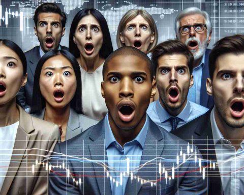 A high-definition, realistic image of a diverse group of investors reacting with shock and disbelief. The group is mixed in both genders and descent (for example, an Asian woman, a Black man, and a Caucasian man). They're in a formal business setting, visually representing the stock market industry. Their expressions convey shock as the screen in front of them displays graphs and charts indicating a significant stock drop, going against the market trend.