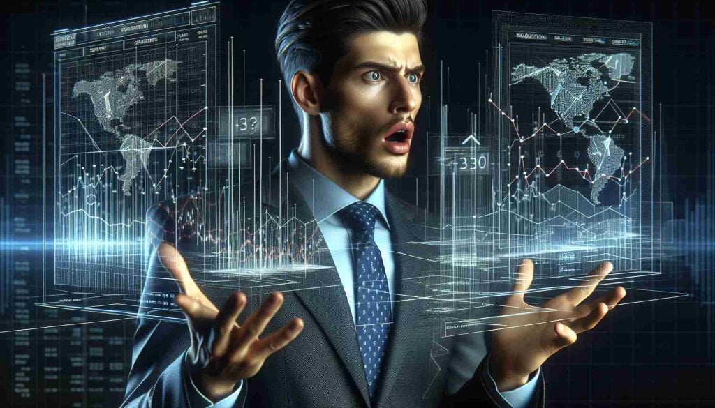 Realistic HD image of a Caucasian financial expert, dressed professionally in a formal suit and tie, appearing shocked while analyzing data. He is surrounded by floating holographic graphs and market trends. His lips are parted as if he is revealing crucial financial insights. Please focus on the intricate details of his facial expressions and the complexity of the financial graphs.