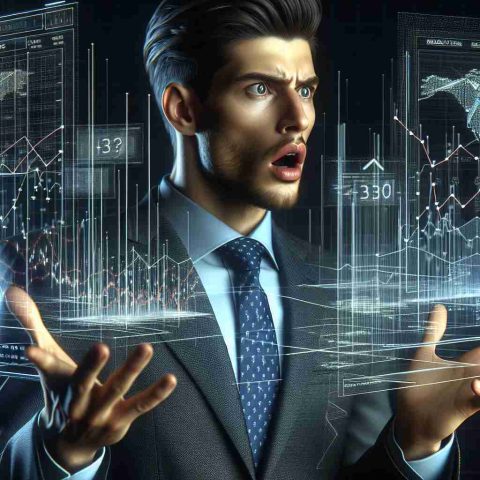 Realistic HD image of a Caucasian financial expert, dressed professionally in a formal suit and tie, appearing shocked while analyzing data. He is surrounded by floating holographic graphs and market trends. His lips are parted as if he is revealing crucial financial insights. Please focus on the intricate details of his facial expressions and the complexity of the financial graphs.