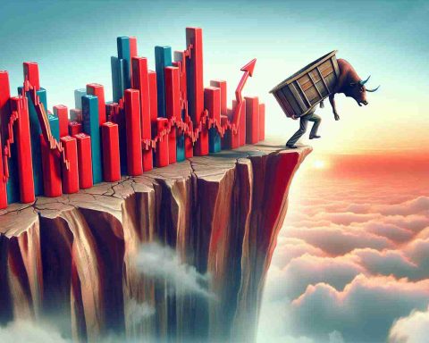 A high definition, realistically illustrated image representing the concept of 'Shock for Monday'. Depict a metaphorical scene where the Indian stock market is teetering on the edge of a precipice, indicating a difficult situation or instability. The precarious positioning should convey a sense of shock or surprise for the start of the week.