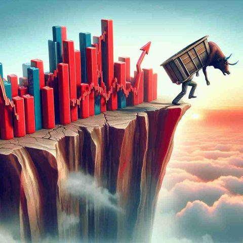 A high definition, realistically illustrated image representing the concept of 'Shock for Monday'. Depict a metaphorical scene where the Indian stock market is teetering on the edge of a precipice, indicating a difficult situation or instability. The precarious positioning should convey a sense of shock or surprise for the start of the week.