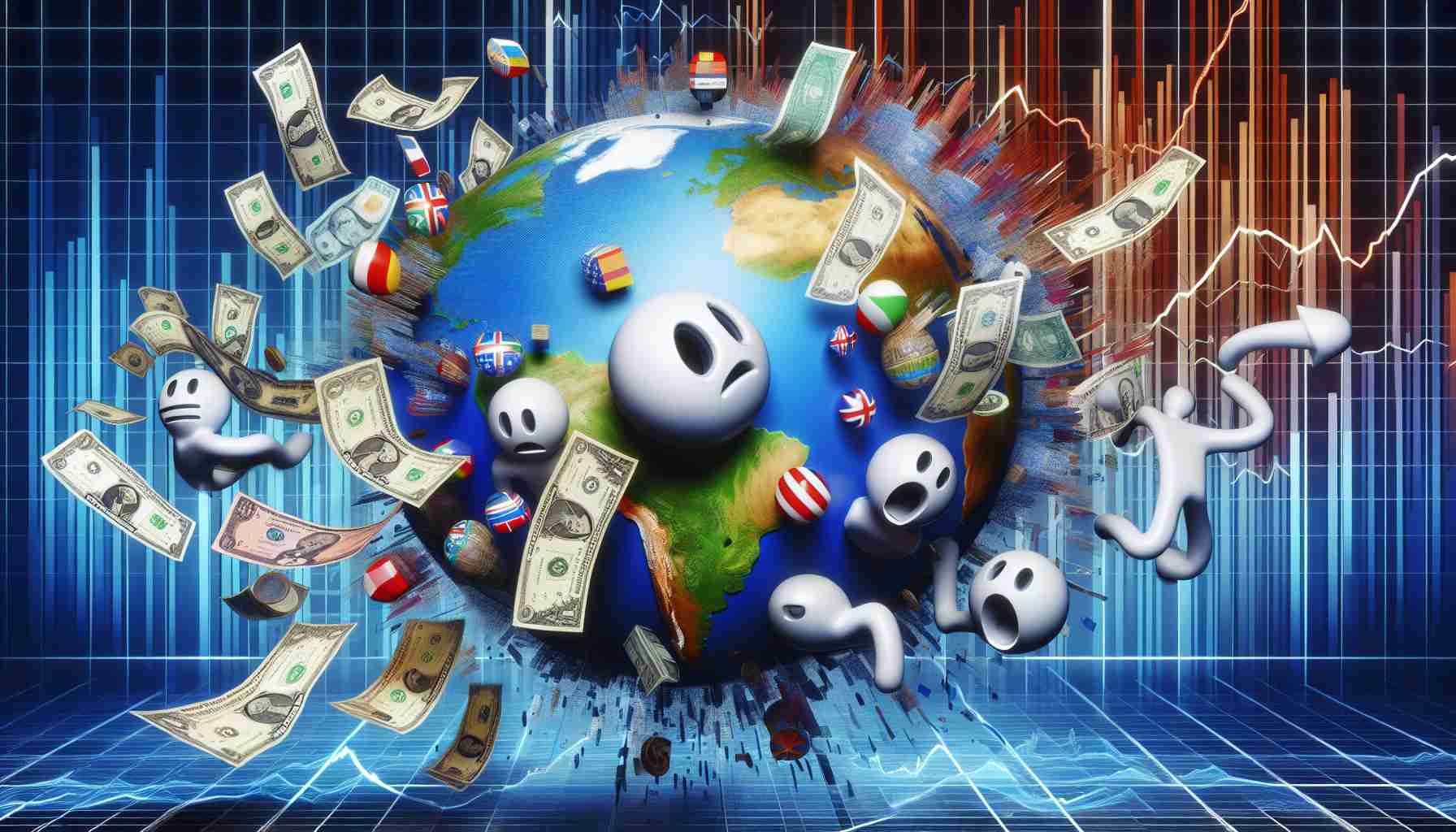 A high-definition, realistic image of a metaphorical scene representing global markets impacted by an unspecified election outcome. The scene could contain various symbolic elements such as a shaken globe or Earth, different countries' currency notes fluttering in the wind, graph lines fluctuating on a digital screen and surprised investors represented by abstract characters with wide eyes and opened mouths.