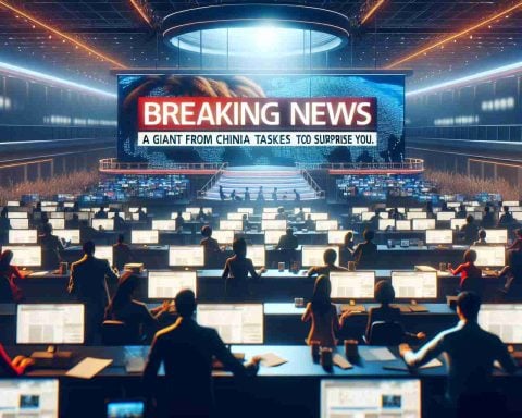 A realistic high-definition image of a newsroom scene. The central focus is a breaking news headline that reads, 'A Giant from China Takes the Stage. What's Next Will Surprise You.' The backdrop is a flurry of activity, with journalists of different descents and genders working diligently on their computers amidst the incandescent glow of screens. Anchors of mixed genders and from various descents diligently prepare for the broadcast. The atmosphere is charged with a sense of anticipation and urgency, capturing the excitement of live news reporting.