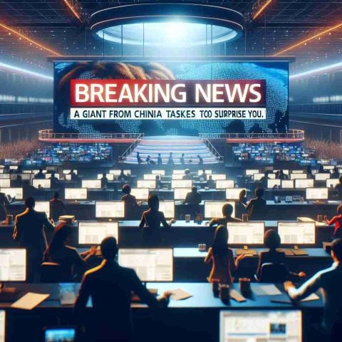 A realistic high-definition image of a newsroom scene. The central focus is a breaking news headline that reads, 'A Giant from China Takes the Stage. What's Next Will Surprise You.' The backdrop is a flurry of activity, with journalists of different descents and genders working diligently on their computers amidst the incandescent glow of screens. Anchors of mixed genders and from various descents diligently prepare for the broadcast. The atmosphere is charged with a sense of anticipation and urgency, capturing the excitement of live news reporting.