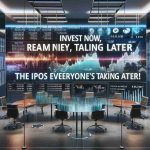 A realistic high-definition image portraying the concept of 'Invest Now, Reap Later!' with a focus on the buzz around initial public offerings (IPOs). The image incorporates symbols typical of the financial markets such as stocks, graphs, and charts and features a loud and compelling headline stating the phrase: 'The IPOs Everyone's Talking About.' The scene might be situated in a modern office environment, demonstrating the fast-paced world of financial investments.