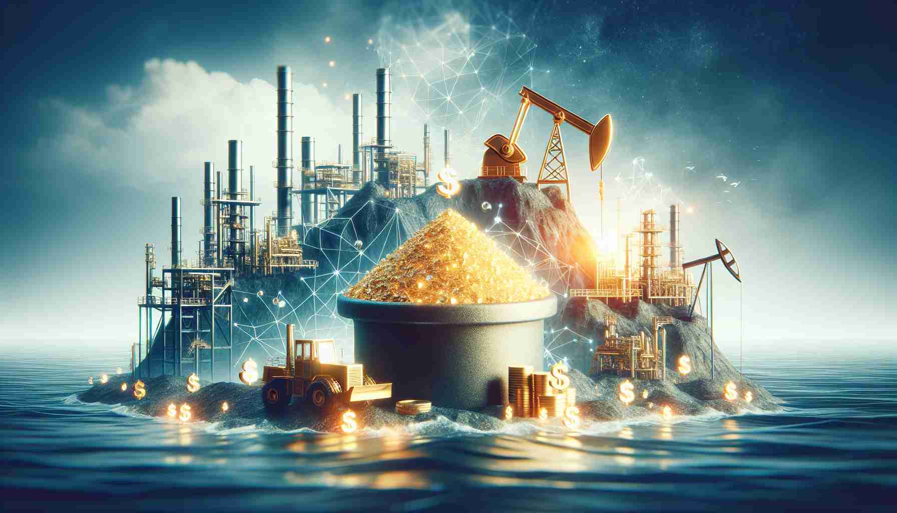 Create a high-definition, realistic image representing the concept of investing in oil and gas wells. Visualise a metaphorical gold mine to represent the opportunity, with elements of oil and gas extraction equipment such as oil derricks or natural gas pipelines. Remember to make the image an abstract representation of the investment concept, not a literal depiction.