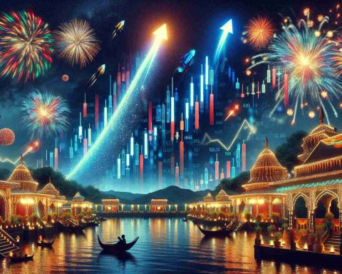 Create a realistic, high definition image representing the remarkable movement in the market during the Diwali festival. Include elements such as stocks skyrocketing, brilliant fireworks representing the surge, and traditional Diwali aesthetic. Please exclude any specific companies or identifiable logos.