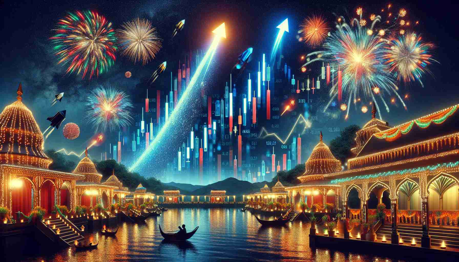 Create a realistic, high definition image representing the remarkable movement in the market during the Diwali festival. Include elements such as stocks skyrocketing, brilliant fireworks representing the surge, and traditional Diwali aesthetic. Please exclude any specific companies or identifiable logos.