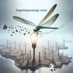 Create a high-definition, realistic image to represent a surprising strategic move by Dragonfly Energy, a company symbolized by a dragonfly. Illustrate an innovative approach of them paving a new path in their industry, perhaps something akin to a dragonfly delicately making its way across an uncharted territory.