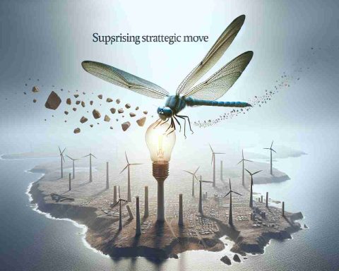 Create a high-definition, realistic image to represent a surprising strategic move by Dragonfly Energy, a company symbolized by a dragonfly. Illustrate an innovative approach of them paving a new path in their industry, perhaps something akin to a dragonfly delicately making its way across an uncharted territory.