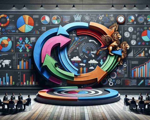 A realistically detailed high definition depiction of a strategic shift within a generalized corporate environment. Imagine a large infographic showing a sudden turn or pivot, signifying an unexpected change in business strategy. Features include: colorful arrows on a blackboard, scattered statistics, bar and pie charts at different corners. Add a symbol of power and influence, such as a lion or an eagle, subtly incorporated into the design. Also, include enough corporate elements showing the existence of a bold leadership directing this change.