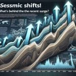 Realistic high-definition image of an abstract representation of a surge in a stock, labeled as 'Coinbase Global Stock'. Various arrows in patterns indicative of seismic shifts, with upward trending arrows symbolizing the recent surge. Additionally, a headline in bold text reading 'Seismic Shifts! What’s Behind the Recent Surge?'