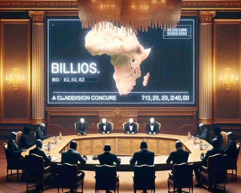 Create a high-definition image illustrating a clandestine auction for a valuable African treasure. Picture a tense atmosphere in a luxuriously decorated room, where representatives of anonymous corporations are making exorbitant bids. Display on a large screen the bid amount in billions, subtly indicating the intense competition. Given the secrecy, no logos or specific identifiers of the companies should be displayed.