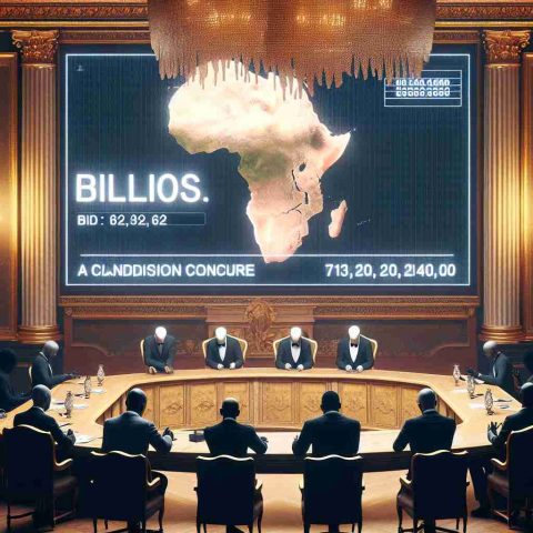 Create a high-definition image illustrating a clandestine auction for a valuable African treasure. Picture a tense atmosphere in a luxuriously decorated room, where representatives of anonymous corporations are making exorbitant bids. Display on a large screen the bid amount in billions, subtly indicating the intense competition. Given the secrecy, no logos or specific identifiers of the companies should be displayed.