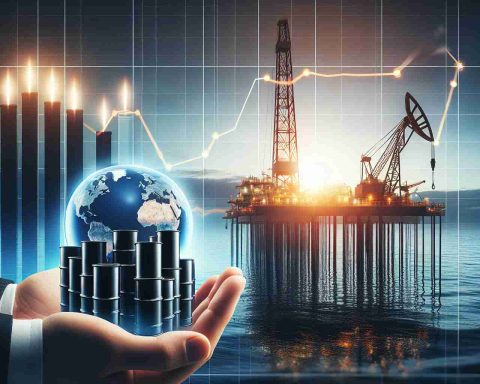 A realistic, high-definition image of a visual representation of the concept of investing in gas and oil. It could include an oil drilling rig at sea with a clear blue sky above and calm waters below. Oil barrels stacked up neatly, creating a strong impression of industrial commodities. A lucrative looking graph chart in the background showing an uptrend, symbolizing the potential investment opportunity. Perhaps, in the foreground, a pair of hands holding a tiny oil rig, showcasing the accessibility of this overlooked opportunity.