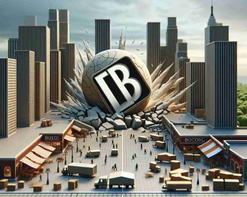 Create a high-definition 3D scene that personifies a bold corporate strategy that has resulted in billion-dollar profits. The image should capture the surprise that the business world felt when the company implemented its innovative approach. This could be represented as a metaphorical earthquake shaking a traditional market street. The company's logo would be shaped like a chess piece making an unexpected move on a gameboard that represents the market.