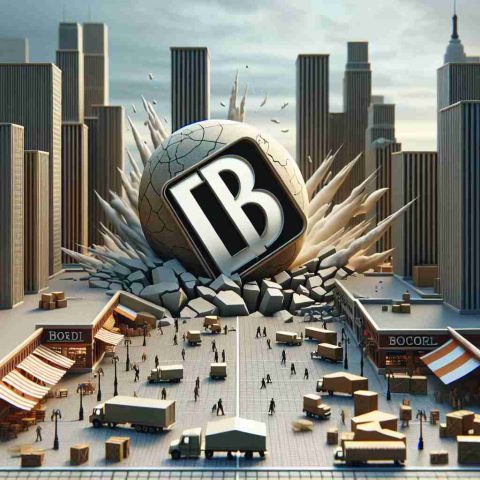 Create a high-definition 3D scene that personifies a bold corporate strategy that has resulted in billion-dollar profits. The image should capture the surprise that the business world felt when the company implemented its innovative approach. This could be represented as a metaphorical earthquake shaking a traditional market street. The company's logo would be shaped like a chess piece making an unexpected move on a gameboard that represents the market.