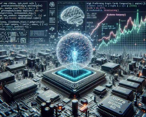 Conceptual visualization of the future of artificial intelligence featuring a scripting language code overlayed on complex algorithms, alongside the high performing graphic card technology that Nicomov Corporation's stocks rise tremendously. The scene could feature microscopic images of sophisticated chips and circuits, hyperrealistic 3D graphs showing stock market growth, and symbols representing breakthrough technology. Please ensure that the image captures the revolutionary nature of technology that's driving the stock market trends.