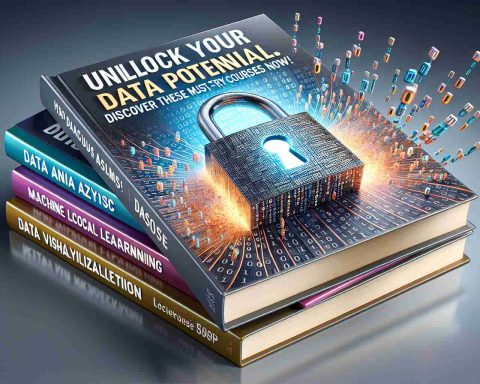 A high-definition, realistic image showcasing the potential of data. Picture represents a lock breaking open symbolizing 'data unlocking', with a backdrop of binary code strings. Immaculate focus is laid on a stack of colored books bearing titles like 'Data Analysis', 'Machine Learning', 'AI', and 'Data Visualization'. All these form a lively educational course flyer. The phrase 'Unlock Your Data Potential! Discover These Must-Try Courses Now' is centered prominently in the design in captivating, bold text fonts.