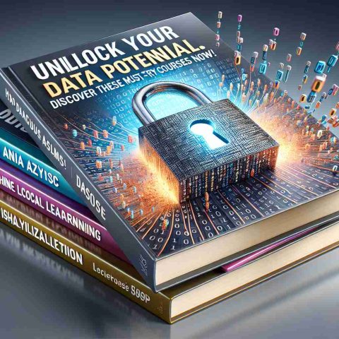 A high-definition, realistic image showcasing the potential of data. Picture represents a lock breaking open symbolizing 'data unlocking', with a backdrop of binary code strings. Immaculate focus is laid on a stack of colored books bearing titles like 'Data Analysis', 'Machine Learning', 'AI', and 'Data Visualization'. All these form a lively educational course flyer. The phrase 'Unlock Your Data Potential! Discover These Must-Try Courses Now' is centered prominently in the design in captivating, bold text fonts.