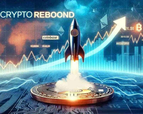 An HD image illustrating a surge in Coinbase's market cap, suggesting a potential rebound in the cryptocurrency market. Visualize a rocket heading skywards, exemplifying the surge. The background should be a financial graph showing a steep upwards trend. Include headlines like 'Crypto Rebound', 'Investor Hope', and 'Coinbase Market Cap Surges'. Use imagery associated with cryptocurrency such as Bitcoin or Ethereum symbols.