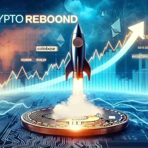 An HD image illustrating a surge in Coinbase's market cap, suggesting a potential rebound in the cryptocurrency market. Visualize a rocket heading skywards, exemplifying the surge. The background should be a financial graph showing a steep upwards trend. Include headlines like 'Crypto Rebound', 'Investor Hope', and 'Coinbase Market Cap Surges'. Use imagery associated with cryptocurrency such as Bitcoin or Ethereum symbols.