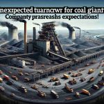 A realistic, high-definition image representing an unexpected turnaround for a coal giant. Present a coal mining site bustling with activity, demonstrating a clear picture of the industry thriving rather than declining. Incorporate elements such as towering coal stacks, busy workers, and heavy machinery, symbolizing the surpassing of expectations. The headline 'Unexpected Turnaround for Coal Giant! Company Surpasses Expectations' is bold and prominent on top of the image.