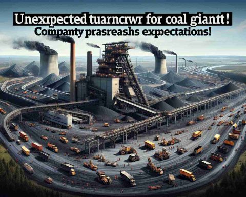 A realistic, high-definition image representing an unexpected turnaround for a coal giant. Present a coal mining site bustling with activity, demonstrating a clear picture of the industry thriving rather than declining. Incorporate elements such as towering coal stacks, busy workers, and heavy machinery, symbolizing the surpassing of expectations. The headline 'Unexpected Turnaround for Coal Giant! Company Surpasses Expectations' is bold and prominent on top of the image.