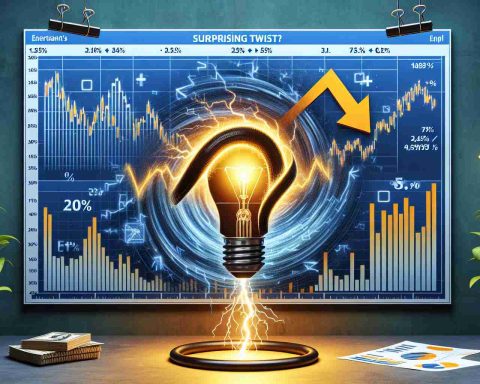 Create a realistic, high definition image representing a surprising twist in the recent journey of a fictional energy company's stock in the market. The graphic should include ups and downs, perhaps a shocking downturn or sudden spike, to emphasize the twist. Include elements like line graphs, bar charts, and percentages to represent fluctuations.