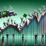 High-definition, realistic visual representation of the unexpected change in Nvidia's stock reflected as an up-and-down rollercoaster ride, with small, abstract figures symbolizing investors animatedly discussing and displaying mixed reactions. Please note: The chart should be creative and abstract, not contain real stock numbers or specific data.