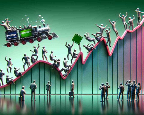 High-definition, realistic visual representation of the unexpected change in Nvidia's stock reflected as an up-and-down rollercoaster ride, with small, abstract figures symbolizing investors animatedly discussing and displaying mixed reactions. Please note: The chart should be creative and abstract, not contain real stock numbers or specific data.