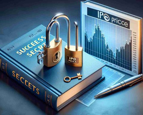 Realistic HD illustration representing the concept of 'Unlocking the Secret of Success'. This includes a physical key opening a padlock on a book that has 'Success Secrets' written on the cover. Next to it, an accurate depiction is made of an IPO (Initial Public Offering). Say, a graph showing a rising stock price labelled 'IPO Price'. The company name on the graph should be a fictitious one, representing any generic company. It is important to maintain the concept of the importance of the initial offering price in the stock market.