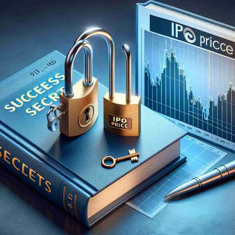 Realistic HD illustration representing the concept of 'Unlocking the Secret of Success'. This includes a physical key opening a padlock on a book that has 'Success Secrets' written on the cover. Next to it, an accurate depiction is made of an IPO (Initial Public Offering). Say, a graph showing a rising stock price labelled 'IPO Price'. The company name on the graph should be a fictitious one, representing any generic company. It is important to maintain the concept of the importance of the initial offering price in the stock market.