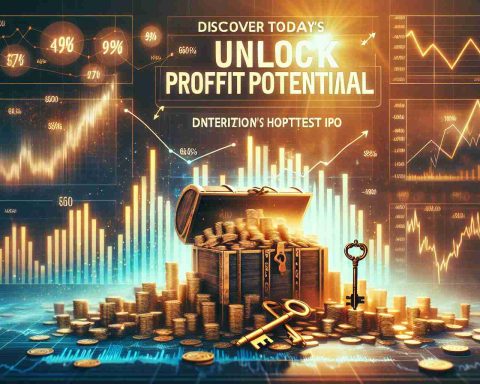 Generate a realistic high-definition image conveying the concept of 'Unlock Profit Potential'. The scene should be filled with symbols of financial growth and opportunity, such as keys unlocking treasure chests overflowing with golden coins, or graphs showing a distinctly upward trend. Overlay this scene with emphatic text reading 'Discover Today's Hottest IPO opportunity'. The overall mood should be very optimistic and promising, hinting at tremendous financial opportunities waiting to be tapped into.