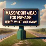 An image of a large, realistic road sign set in a serene landscape. The sign reads 'Massive Shift Ahead for Enphase! Here’s What You Need to Know.'. The sign is vibrant, attention-grabbing, and easy to read. The background showcases a smoothly paved road with a sunny, clear sky overhead, suggesting new beginnings. The sign symbolizes new changes and breaking news.