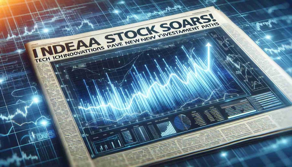 Realistic high-definition image of a digital newspaper headline that reads 'IREDA Stock Soars! Tech Innovations Pave New Investment Paths', with streaks of rising graph lines, signifying stock growth, in the background.