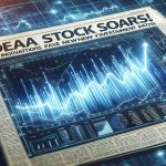 Realistic high-definition image of a digital newspaper headline that reads 'IREDA Stock Soars! Tech Innovations Pave New Investment Paths', with streaks of rising graph lines, signifying stock growth, in the background.