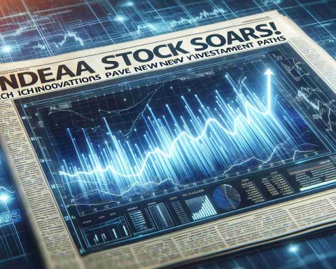 Realistic high-definition image of a digital newspaper headline that reads 'IREDA Stock Soars! Tech Innovations Pave New Investment Paths', with streaks of rising graph lines, signifying stock growth, in the background.