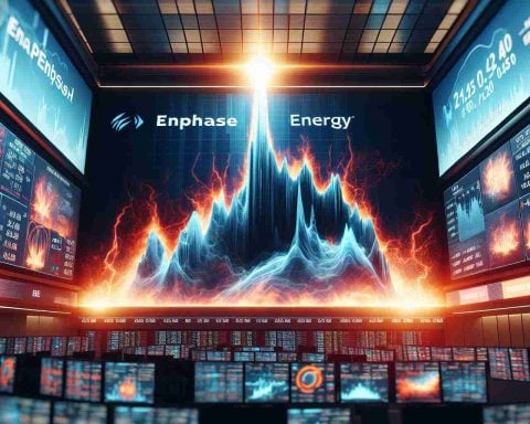 A high-definition image showing a dramatic scene of stocks going up and down. The primary focus is on a signboard reading 'Enphase Energy', with areas reflecting a surge and a slump. The setting is a stock market trading floor. In the background, there are digital screens showcasing newly unveiled developments related to Enphase Energy.