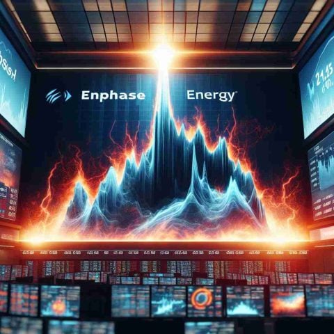 A high-definition image showing a dramatic scene of stocks going up and down. The primary focus is on a signboard reading 'Enphase Energy', with areas reflecting a surge and a slump. The setting is a stock market trading floor. In the background, there are digital screens showcasing newly unveiled developments related to Enphase Energy.