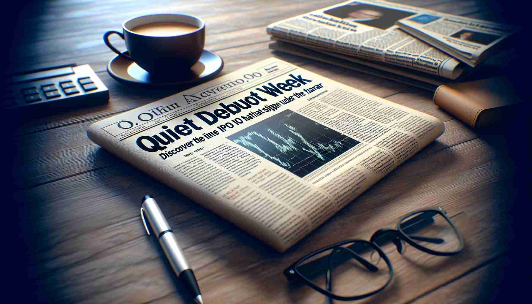 A high-definition, realistic photo of a newspaper or online article with the headline 'Quiet Debut Week: Discover the Intriguing IPO That Slipped Under the Radar'. The article should be on a suitable backdrop such as a desk or table covered with other business-related items such as a cup of coffee, a pen, and pair of glasses. The newspaper or article should be the focus of the image and all text besides the headline is blurred or unreadable.