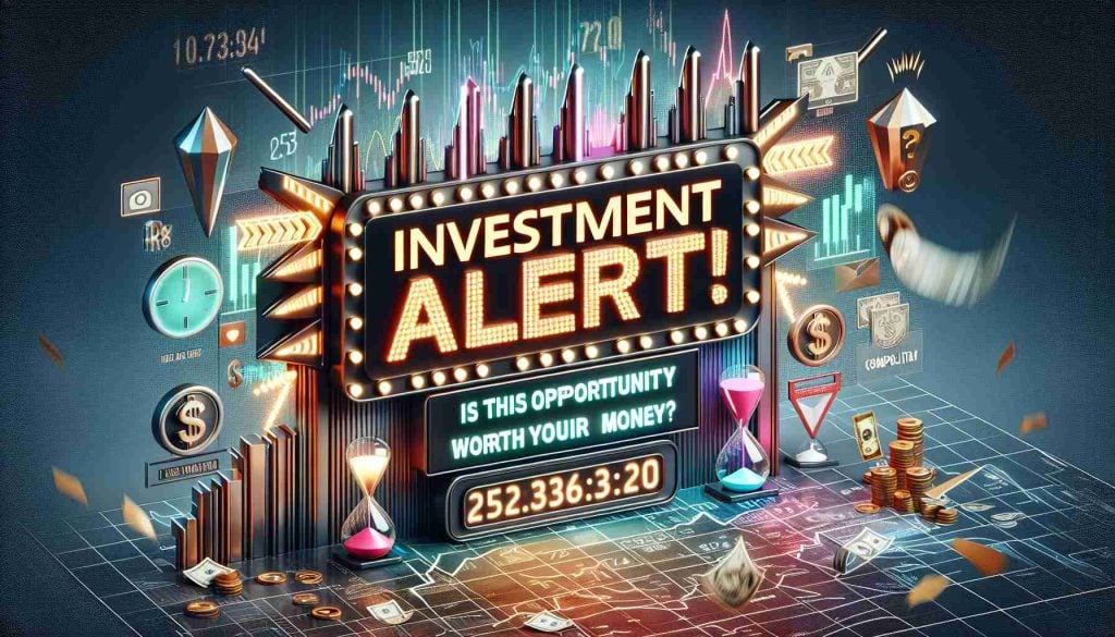 A high-definition, realistic image featuring an exciting 'Investment Alert' announcement. The visual presents this scenario in detail: the main focus of the image is a brightly lit, large, and bold signboard saying 'Investment Alert!' with attention-grabbing design elements like flashing lights and arrows. Below the signboard, there is a question written in cosmopolitan-style letters asking, 'Is this opportunity worth your money?' The background is filled with symbols of investments and finance such as stock market graphs, currency symbols, and hourglasses, underlining the urgency and importance of the investment decision.