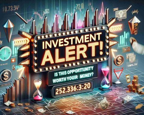 A high-definition, realistic image featuring an exciting 'Investment Alert' announcement. The visual presents this scenario in detail: the main focus of the image is a brightly lit, large, and bold signboard saying 'Investment Alert!' with attention-grabbing design elements like flashing lights and arrows. Below the signboard, there is a question written in cosmopolitan-style letters asking, 'Is this opportunity worth your money?' The background is filled with symbols of investments and finance such as stock market graphs, currency symbols, and hourglasses, underlining the urgency and importance of the investment decision.