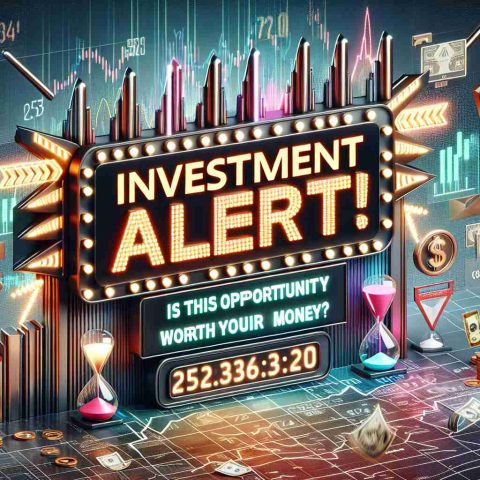 A high-definition, realistic image featuring an exciting 'Investment Alert' announcement. The visual presents this scenario in detail: the main focus of the image is a brightly lit, large, and bold signboard saying 'Investment Alert!' with attention-grabbing design elements like flashing lights and arrows. Below the signboard, there is a question written in cosmopolitan-style letters asking, 'Is this opportunity worth your money?' The background is filled with symbols of investments and finance such as stock market graphs, currency symbols, and hourglasses, underlining the urgency and importance of the investment decision.