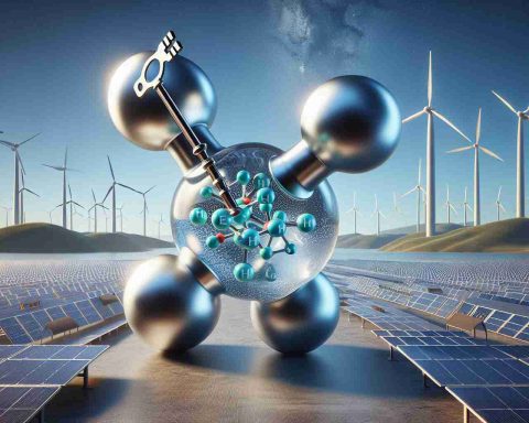 A high definition, realistic imagery representing the concept of hydrogen as the key to energy independence. The image should include a large, three-dimensional hydrogen molecule model with a key inserted into it, symbolizing the unlocking of its energy potential. On the background, numerous energy sources, such as wind turbines, solar panels, and hydroelectric dams are shown, representing traditional methods of energy. The contrast signifies hydrogen's emerging role in our pursuit for energy independence.