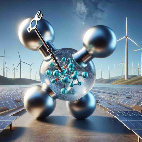 A high definition, realistic imagery representing the concept of hydrogen as the key to energy independence. The image should include a large, three-dimensional hydrogen molecule model with a key inserted into it, symbolizing the unlocking of its energy potential. On the background, numerous energy sources, such as wind turbines, solar panels, and hydroelectric dams are shown, representing traditional methods of energy. The contrast signifies hydrogen's emerging role in our pursuit for energy independence.